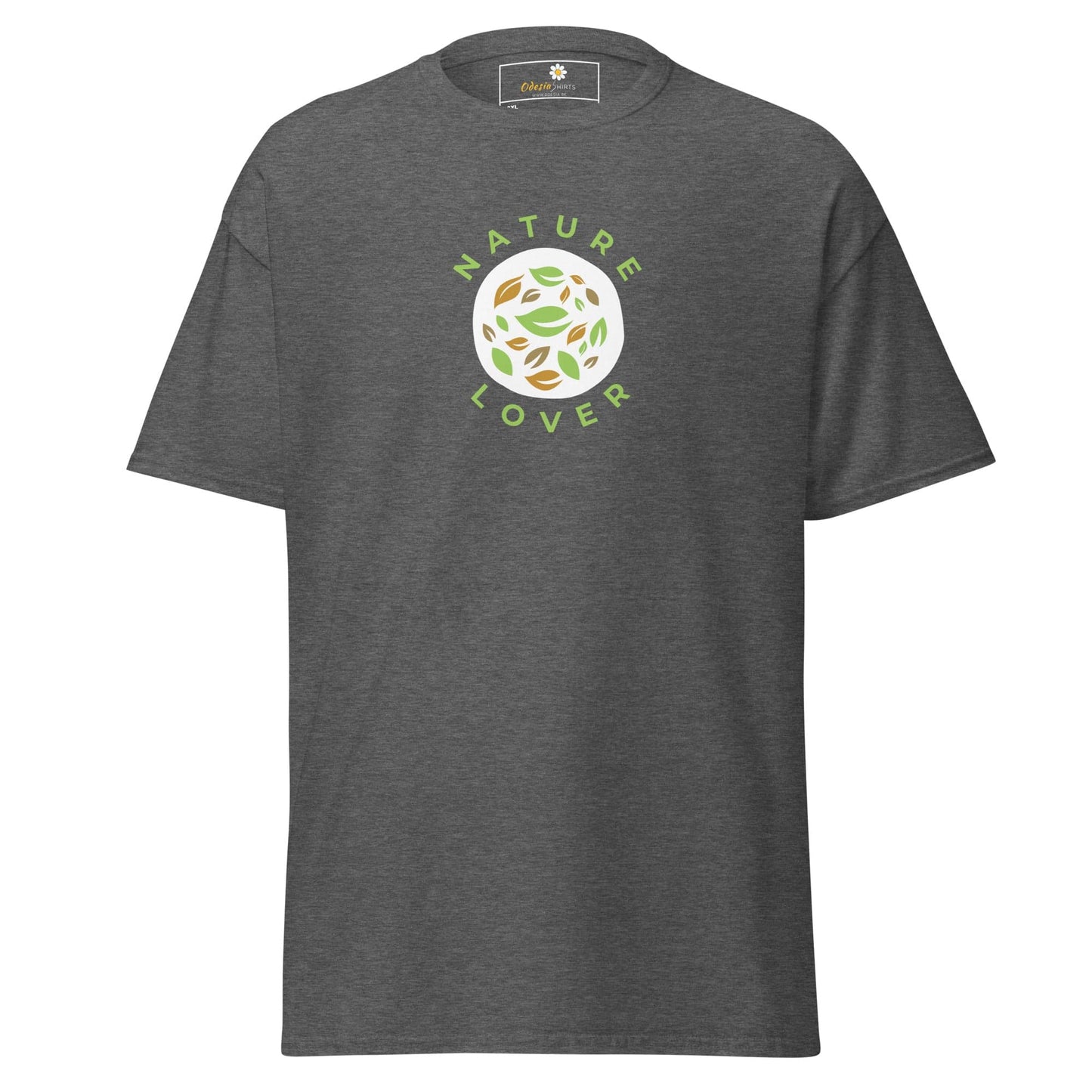 Gray t-shirt with nature-themed graphic.