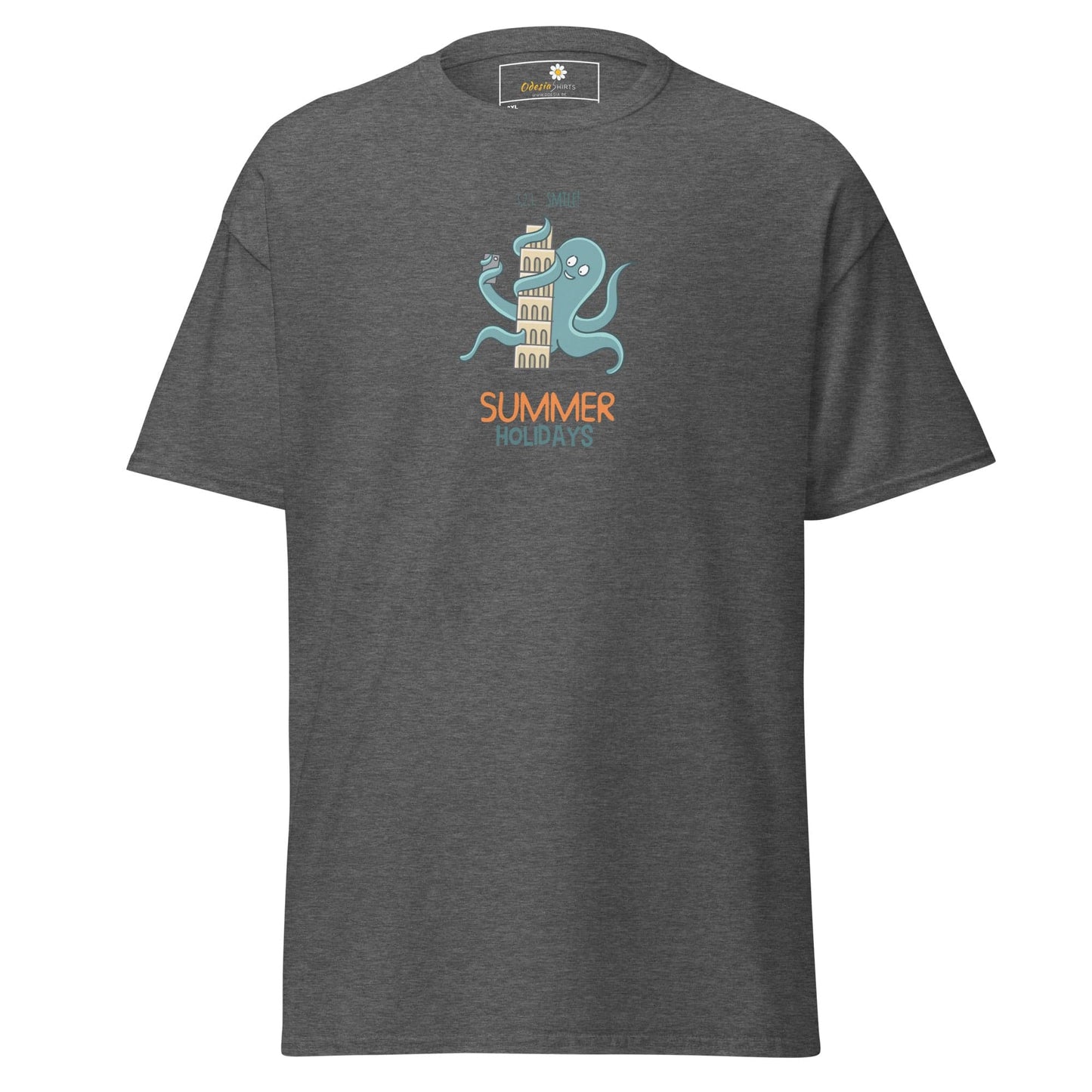 Gray t-shirt with octopus and tower graphic.