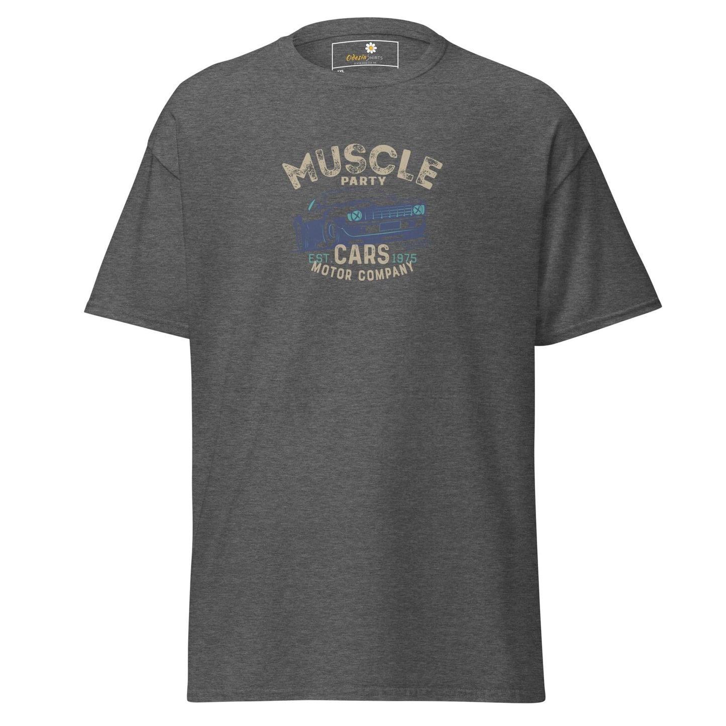 Gray t-shirt with car graphic.