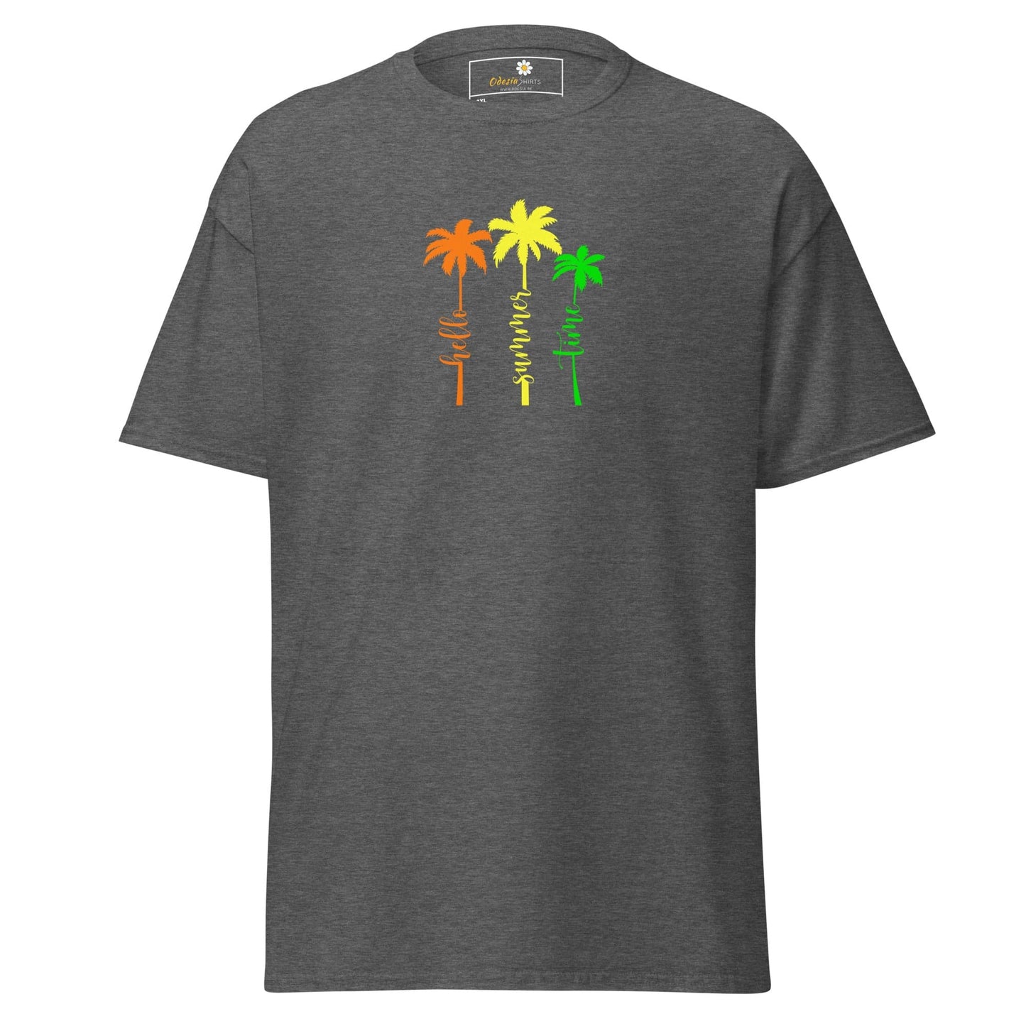 Gray t-shirt with palm tree design.