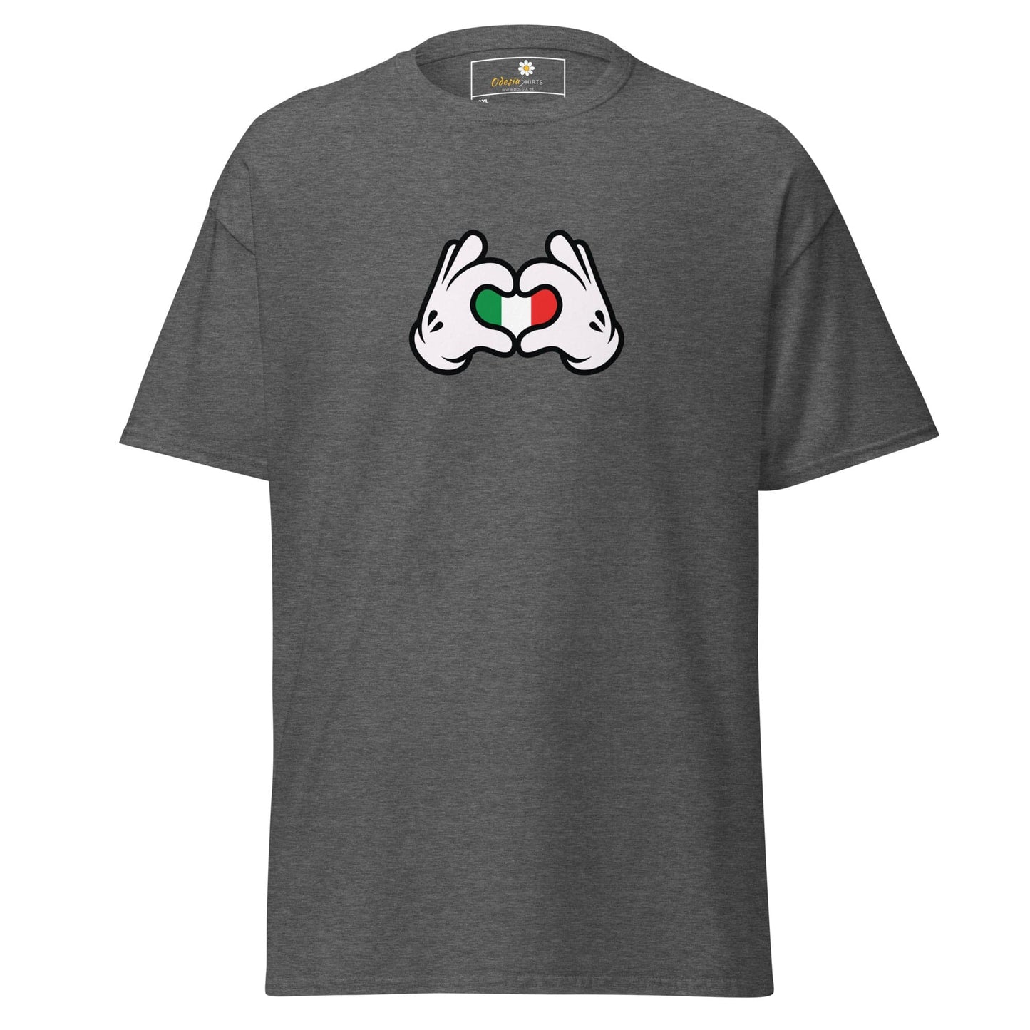 Gray t-shirt with Italian flag heart hands.