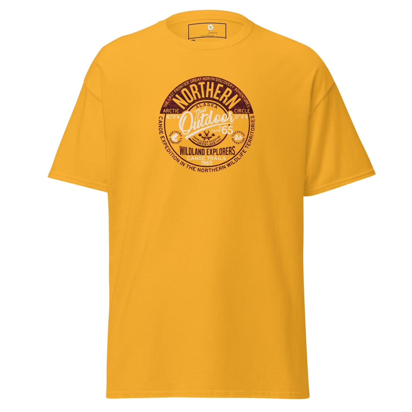 Yellow t-shirt with circular graphic.