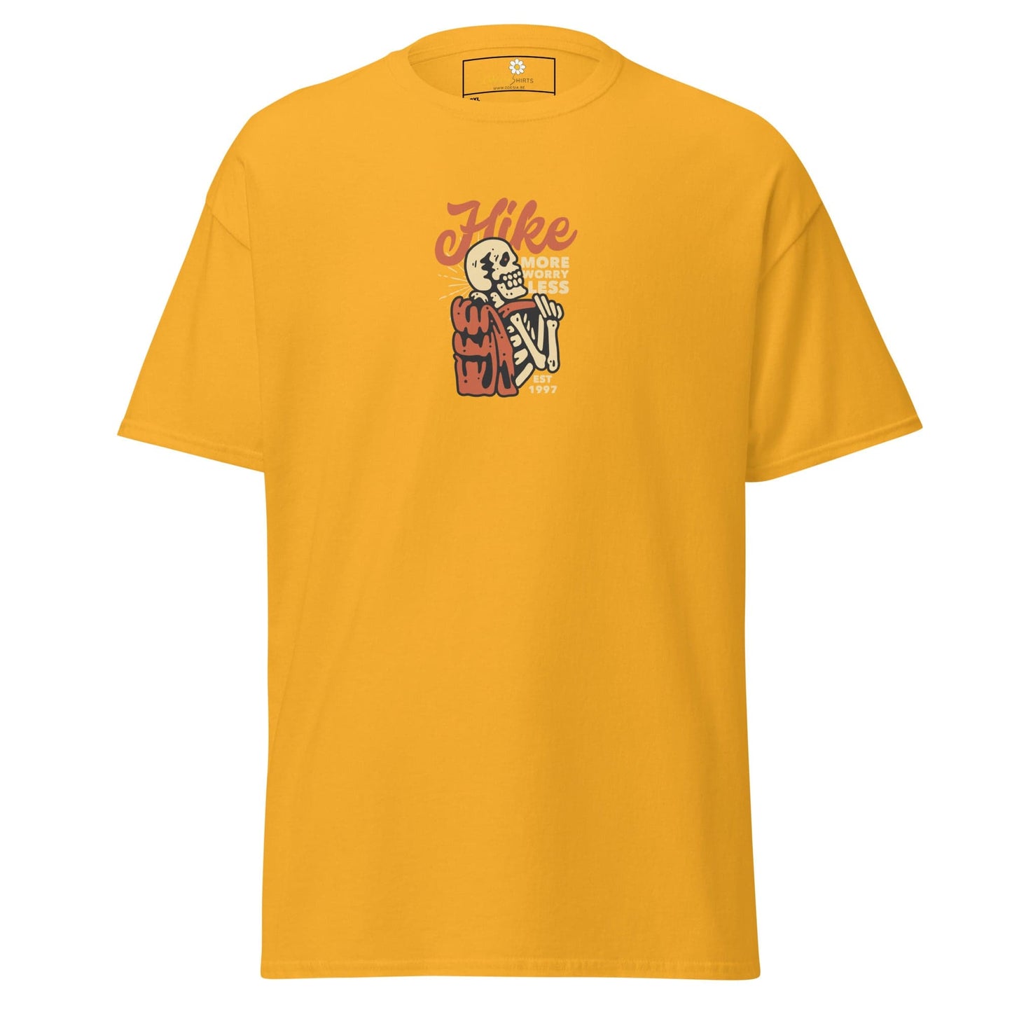 Yellow t-shirt with skeleton hiker graphic.