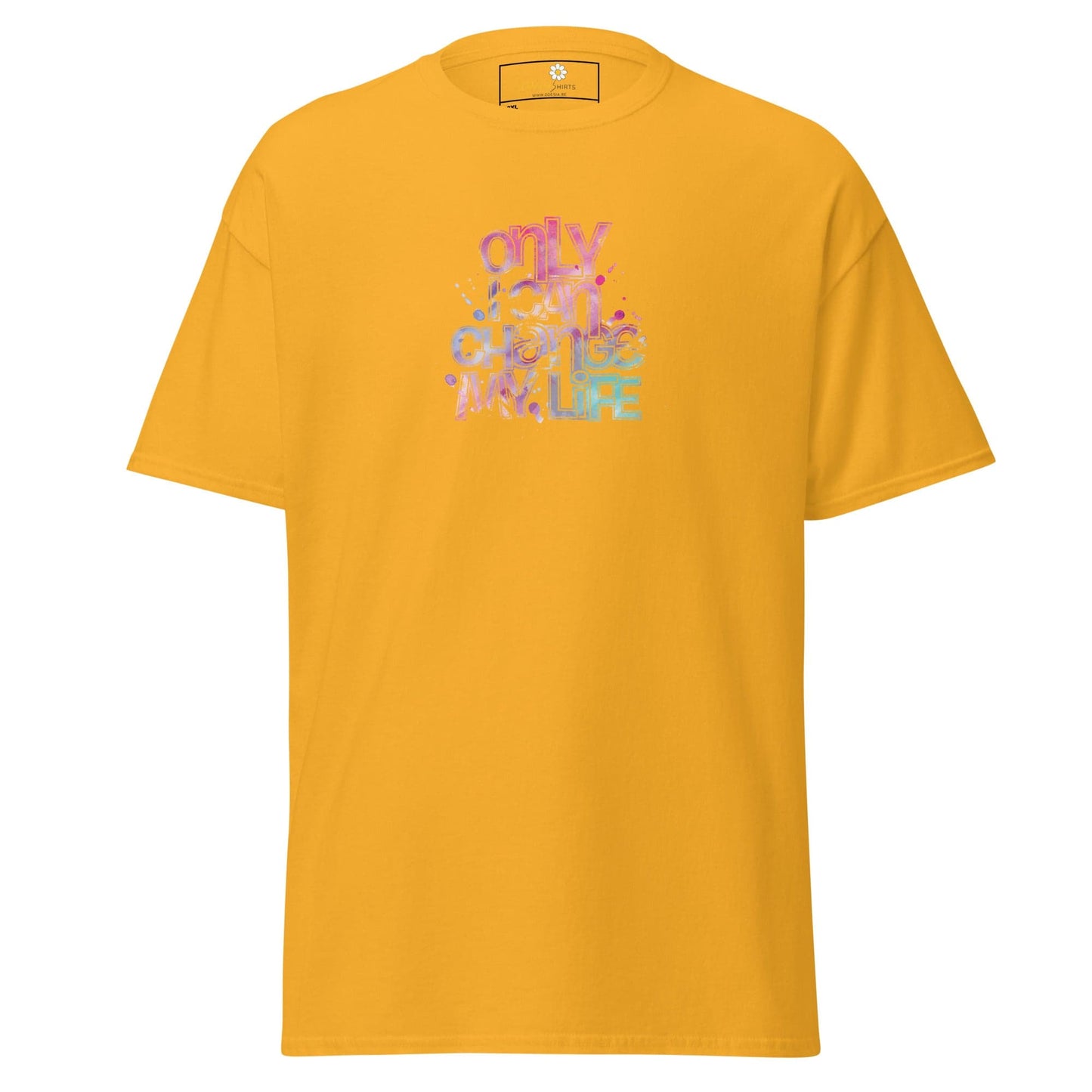 Yellow T-shirt with colorful graphic design suitable for Men and Women in extended sizes