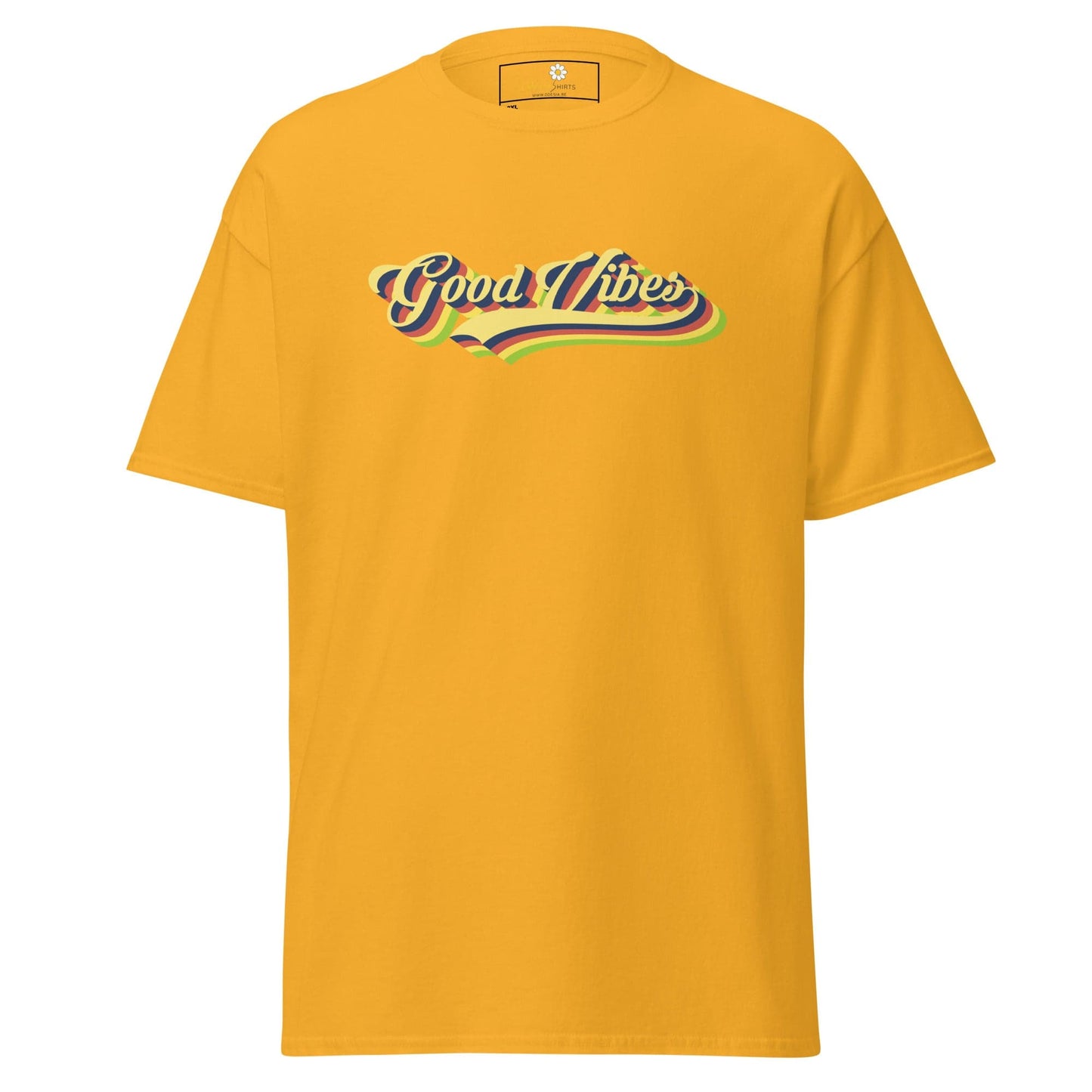 Yellow t-shirt with ’Good Vibes’ text.