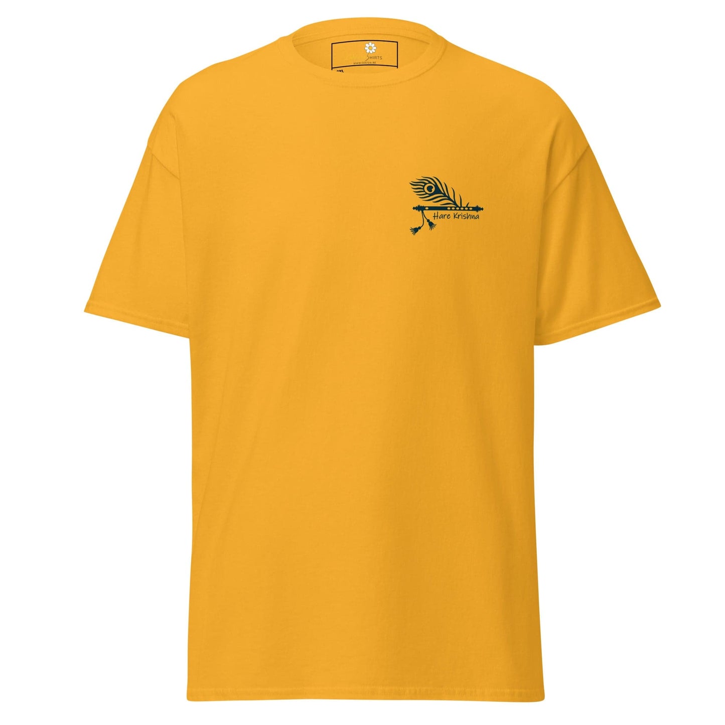 Yellow T-shirt with peacock feather design, available in 2XL to 5XL sizes for men and women