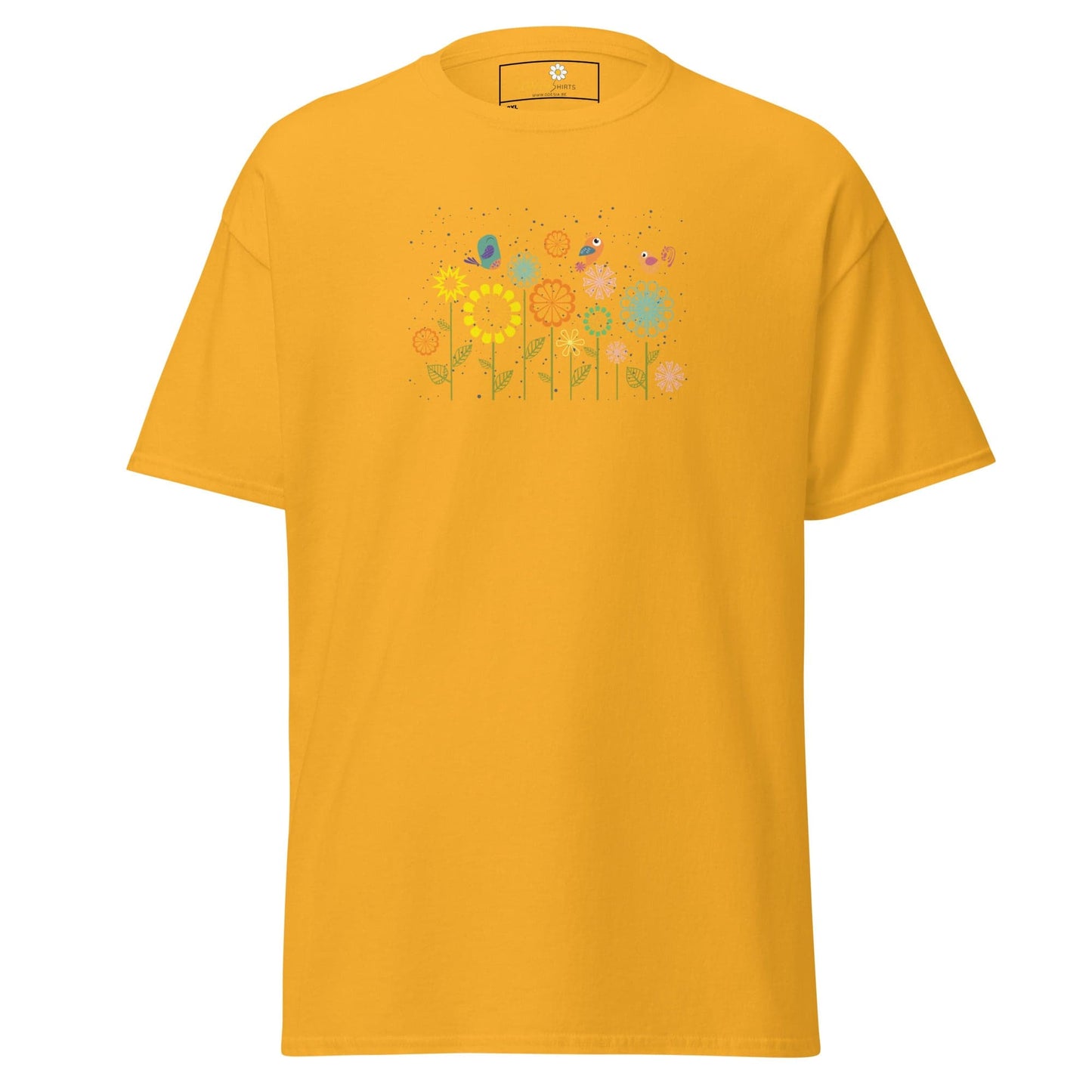 Mustard-yellow t-shirt with floral and butterfly design.