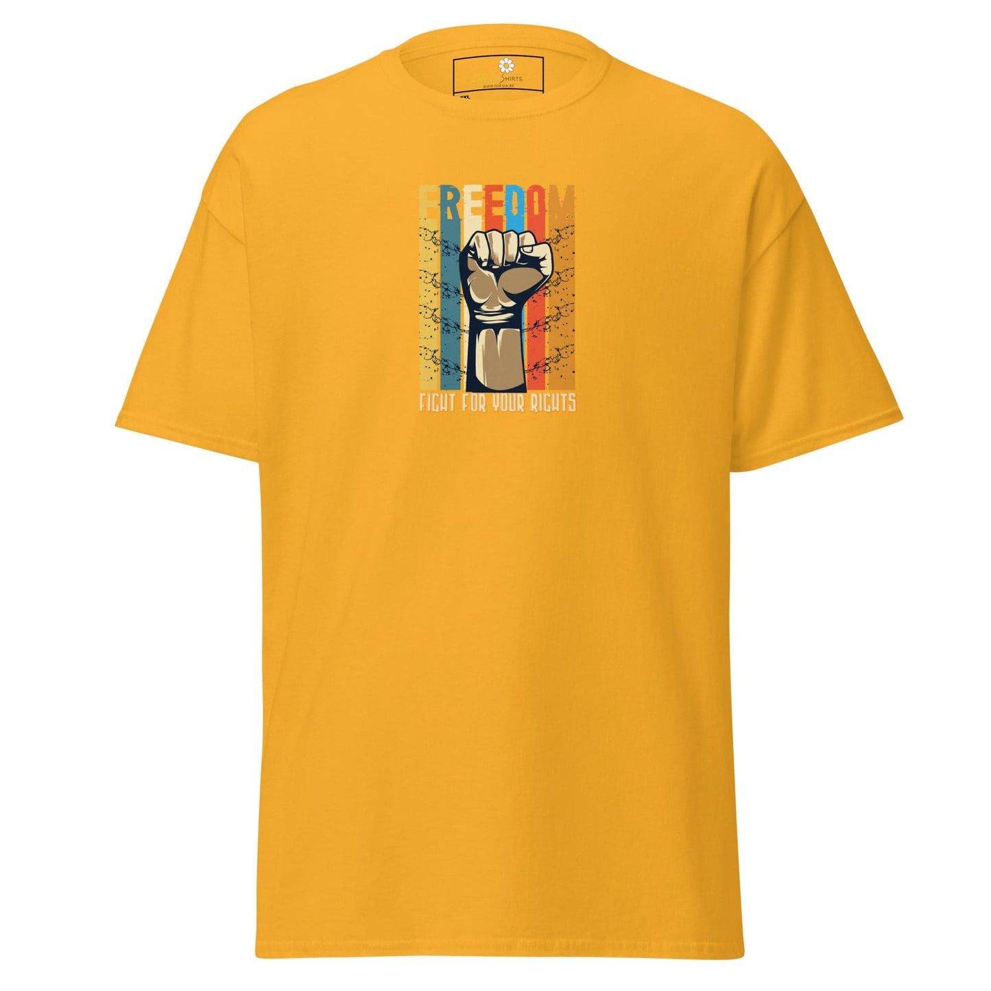 Yellow T-shirt with Freedom fist graphic for men and women in 2XL to 5XL sizes