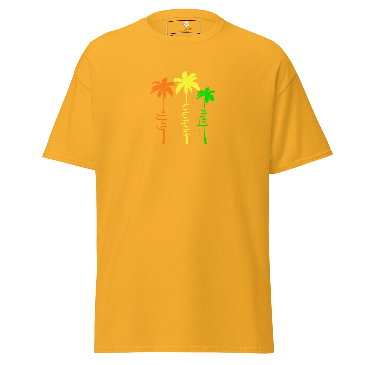 Mustard-colored t-shirt with palm tree design.