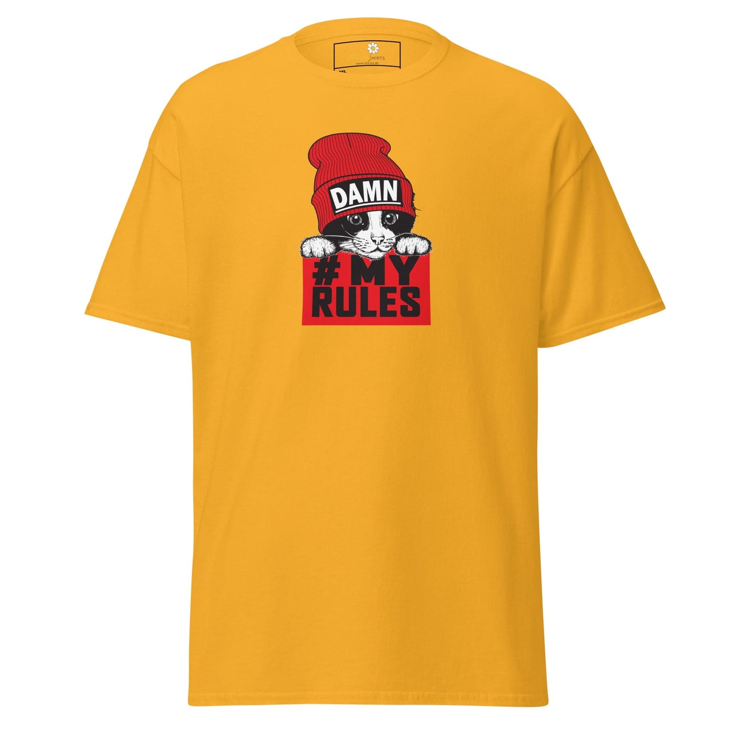 Yellow t-shirt with cat graphic.