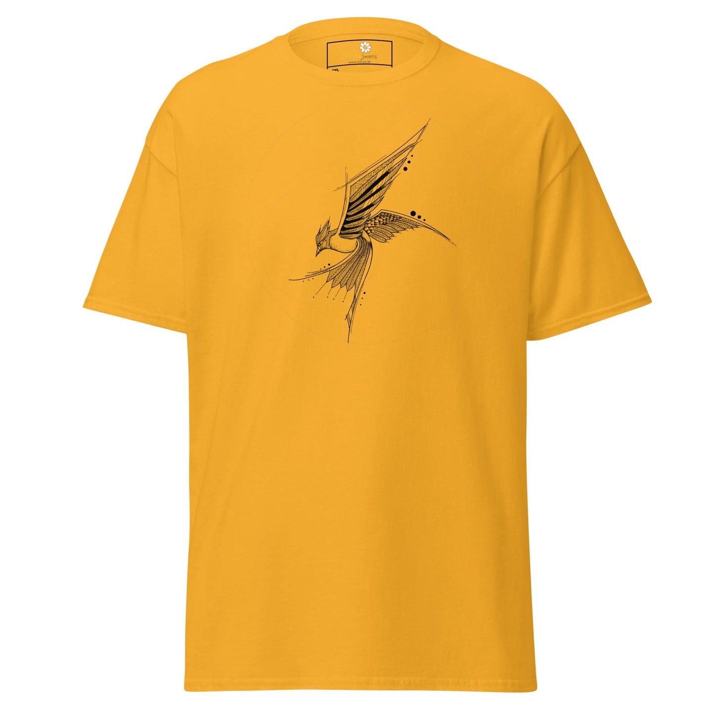 Yellow T-shirt with bird design, available in 2XL to 5XL for men and women