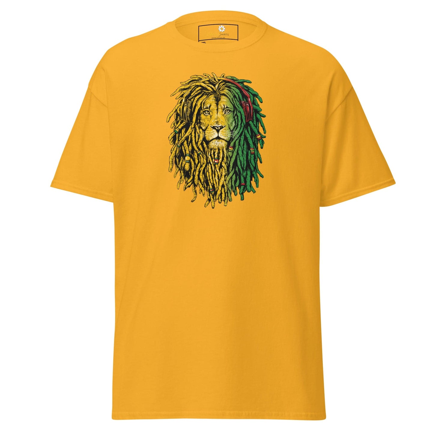Yellow t-shirt with lion graphic.