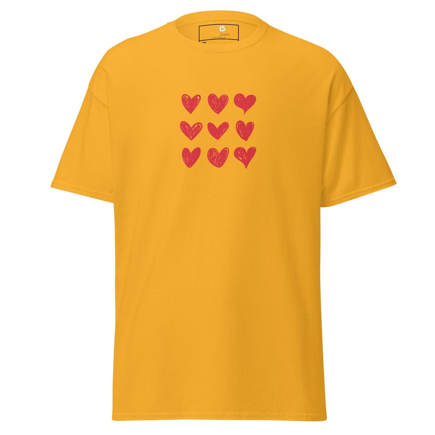 Yellow t-shirt with heart pattern.