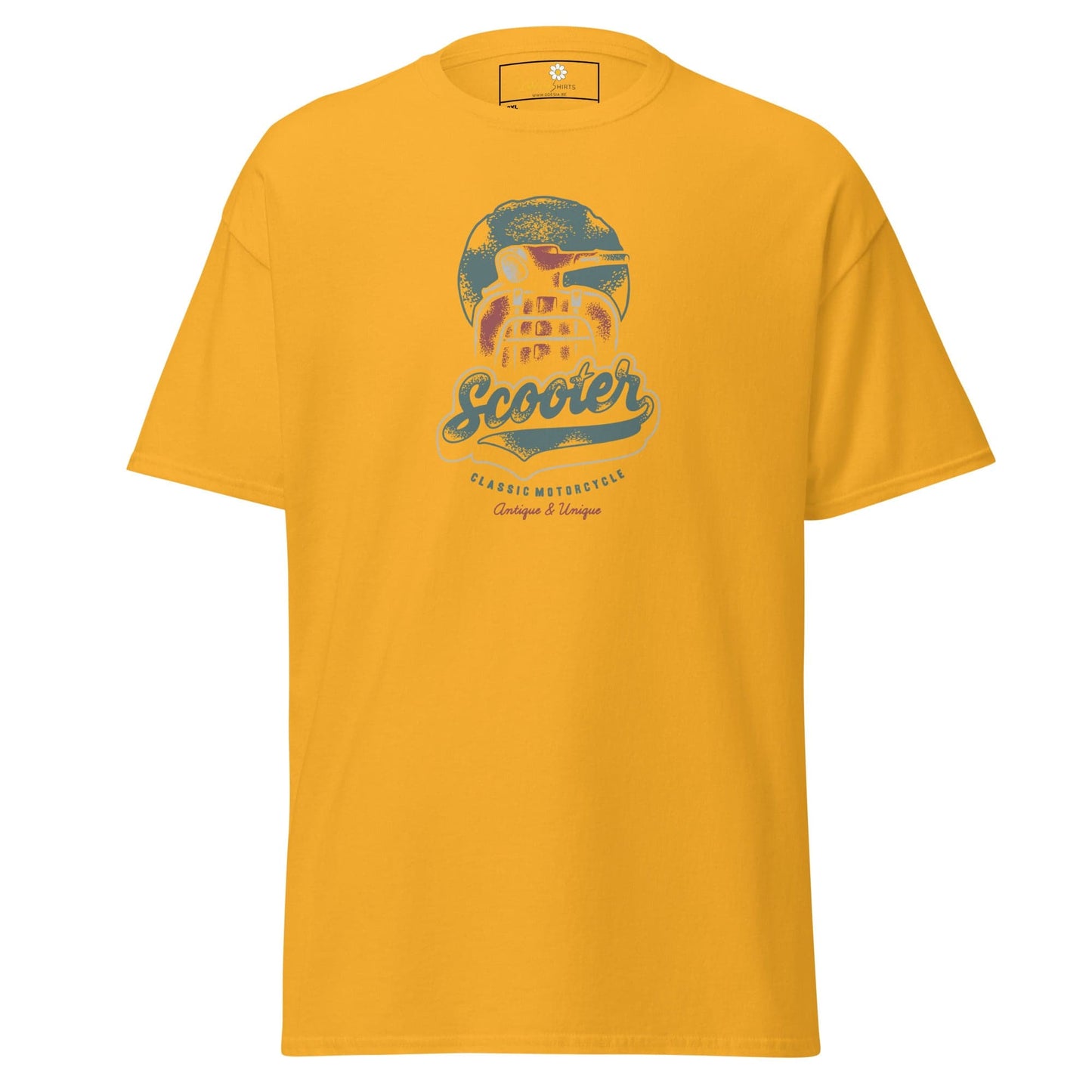 Yellow t-shirt with scooter graphic.