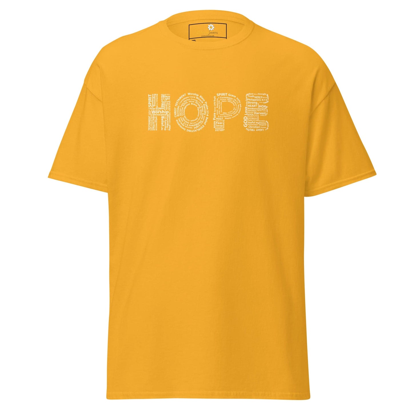 Yellow t-shirt with ’HOPE’ text.