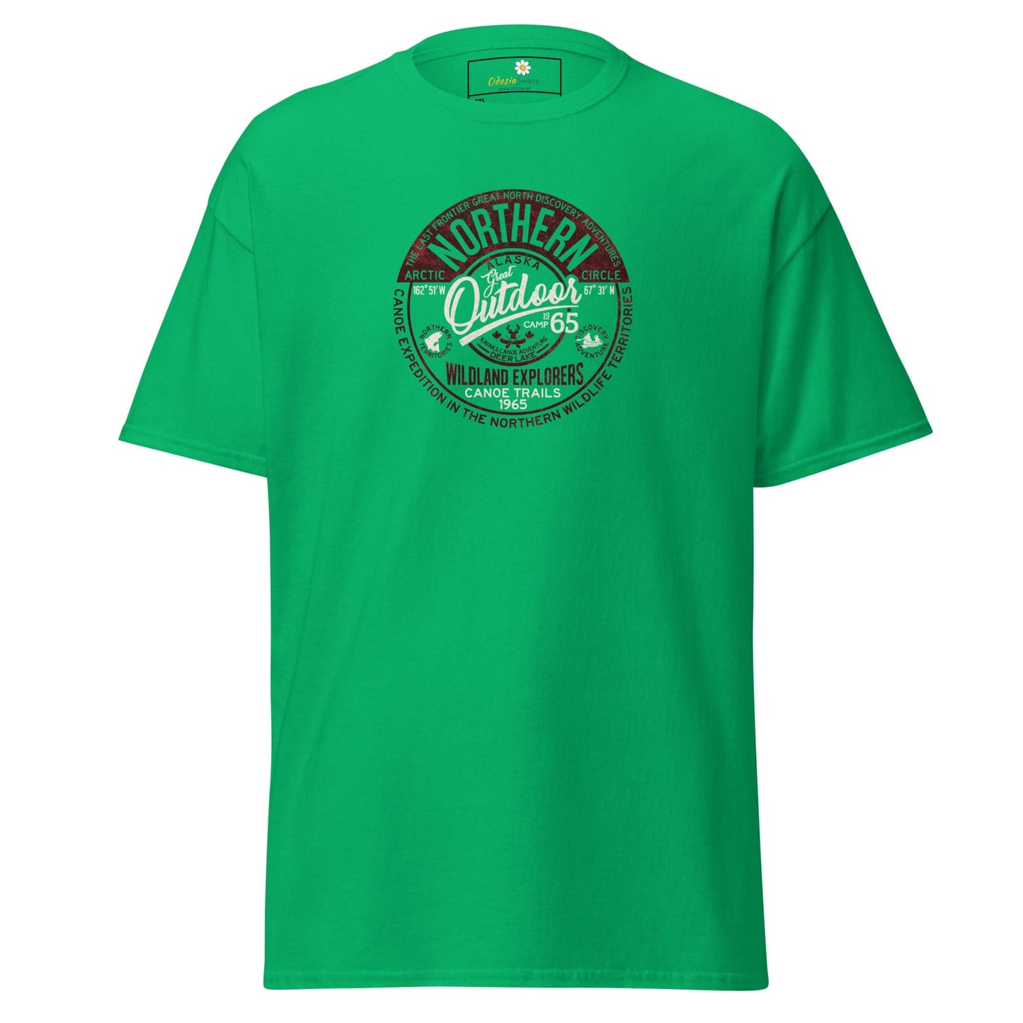 Green t-shirt with circular graphic.