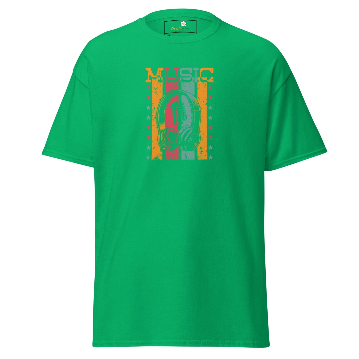 Green T-shirt with music graphic displayed in T-SHIRT DESIGN TEE for Men and Women