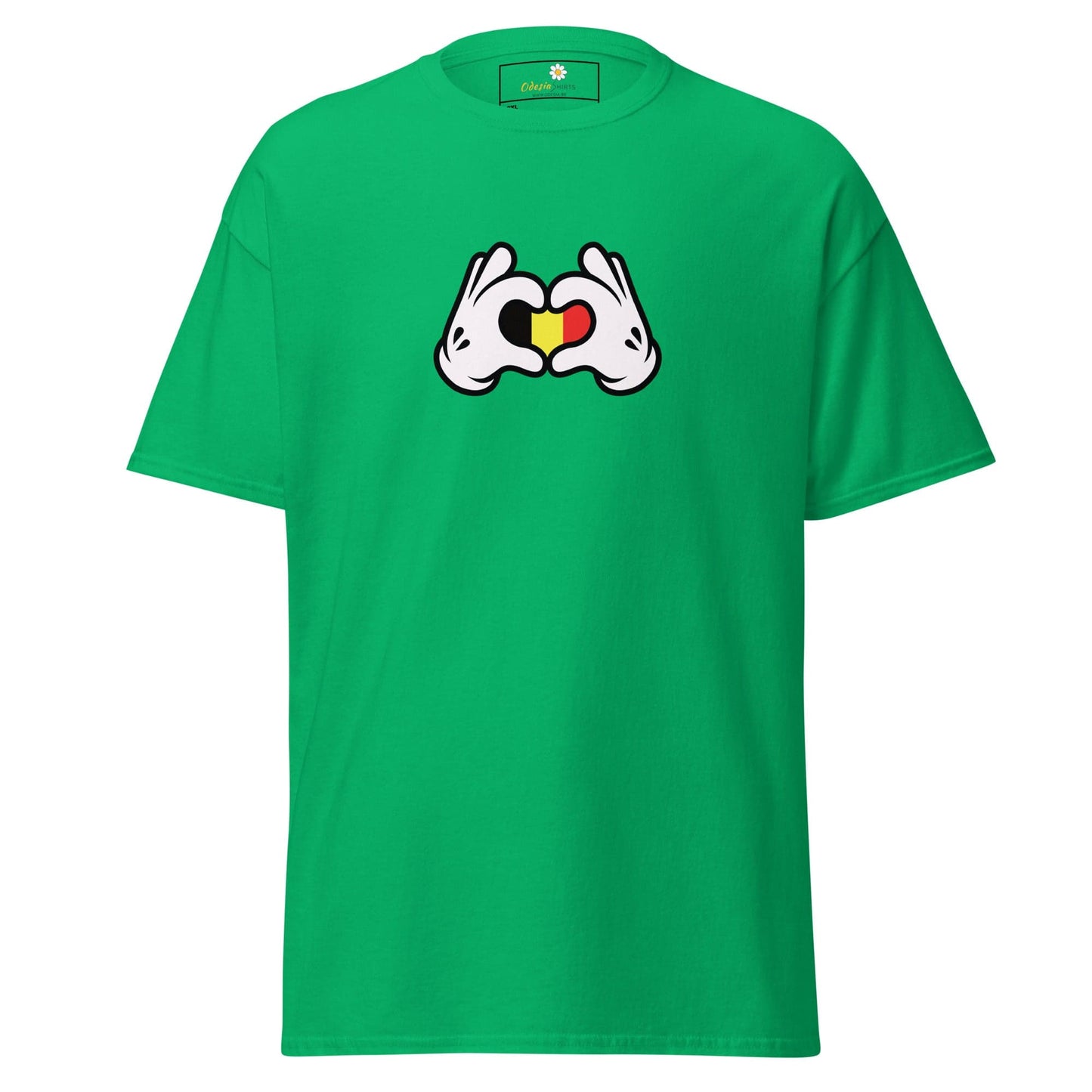 Green t-shirt with cartoon hands forming a heart with the Belgian flag.