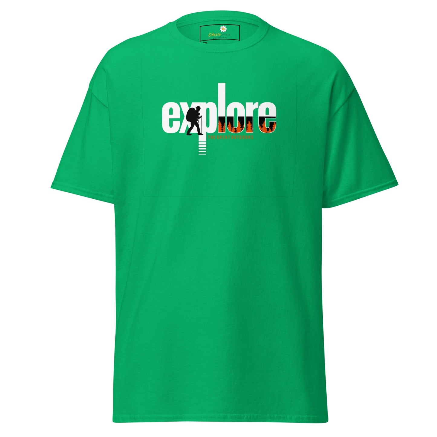 Green t-shirt with ’explore’ graphic.