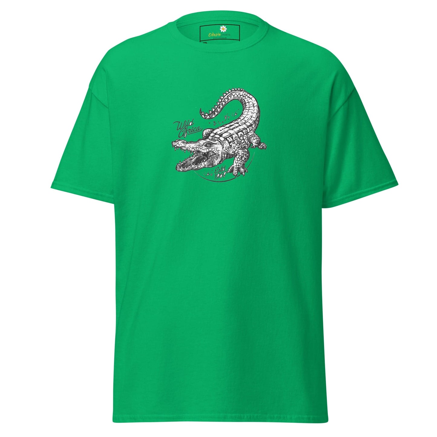 Green t-shirt with crocodile graphic.