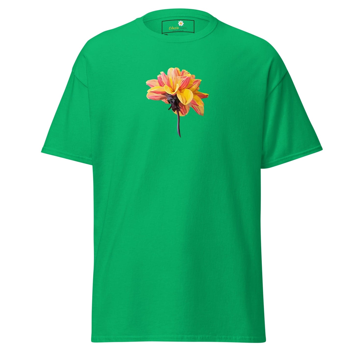 Green t-shirt with flower graphic.
