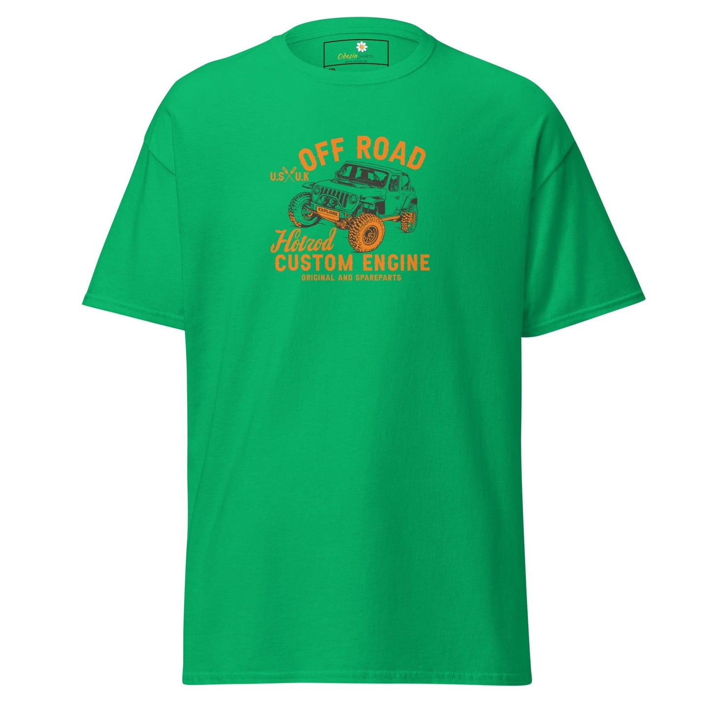 Green t-shirt with off-road vehicle graphic.
