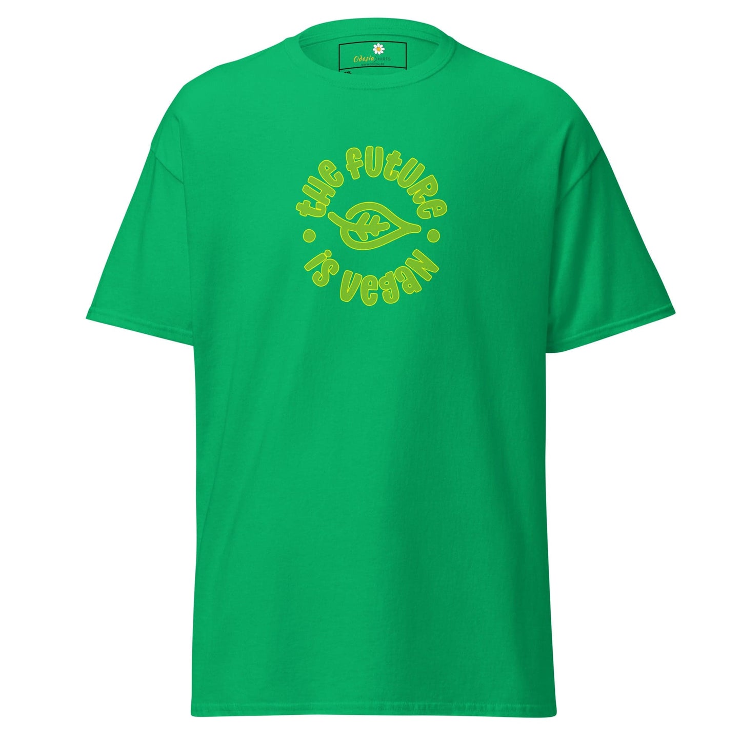 Green t-shirt with vegan slogan.