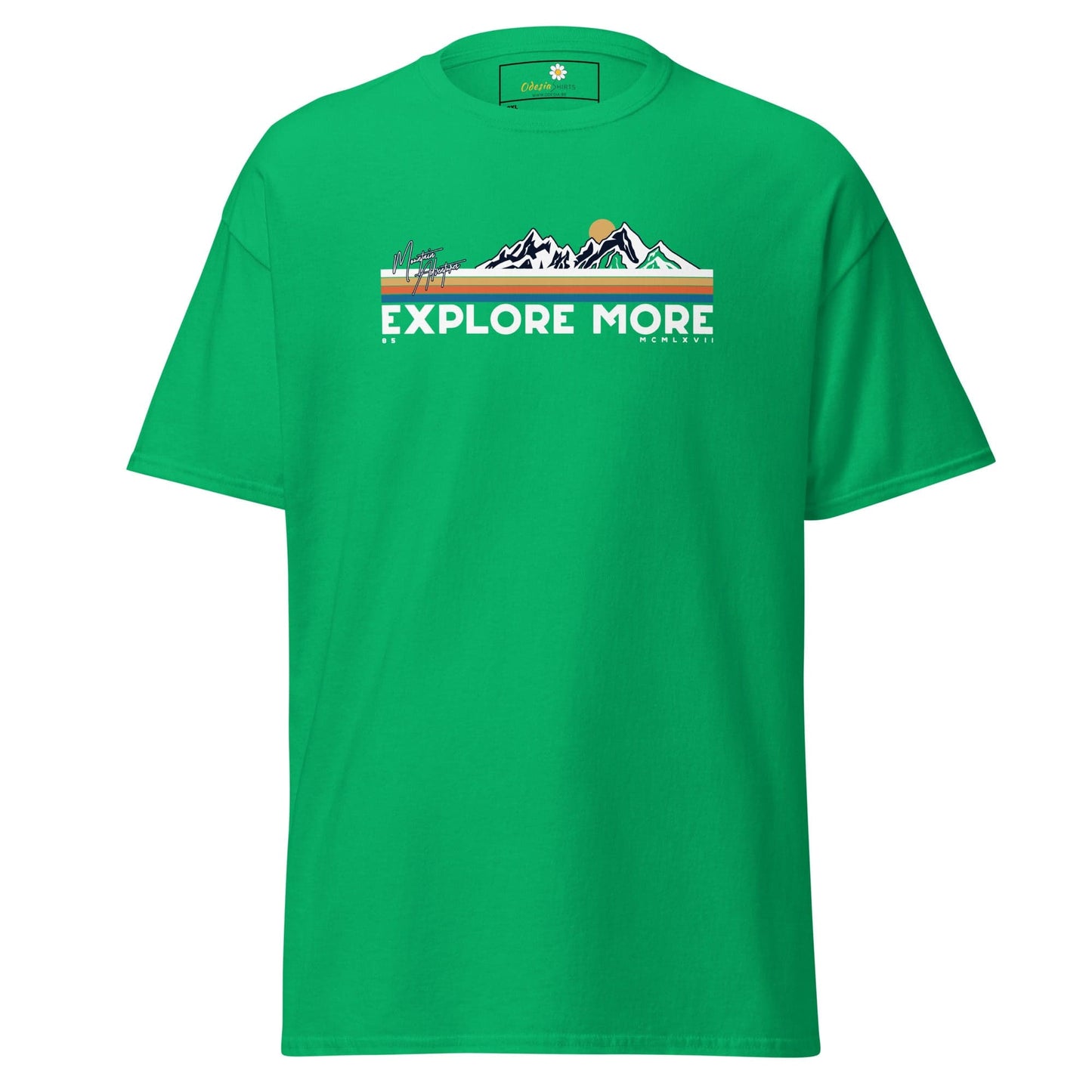 Green t-shirt with mountain graphic.
