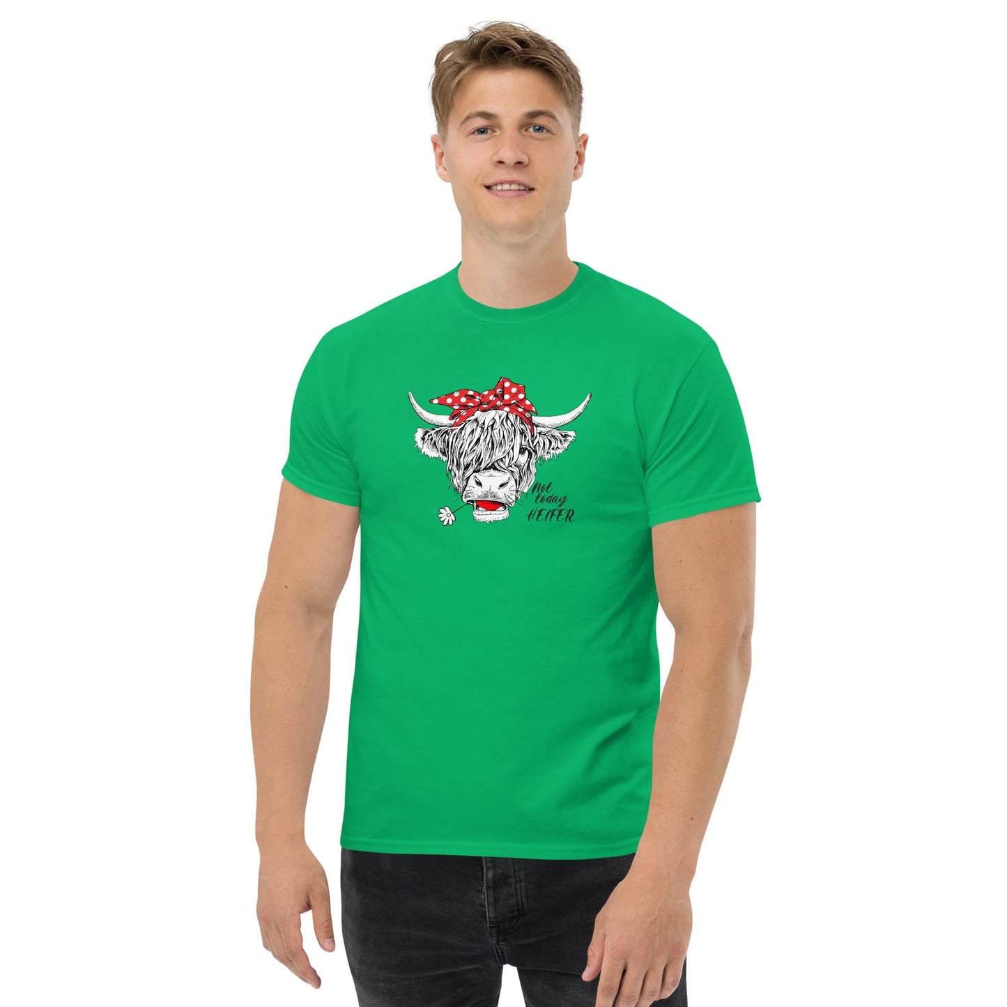 Green t-shirt with cow graphic.