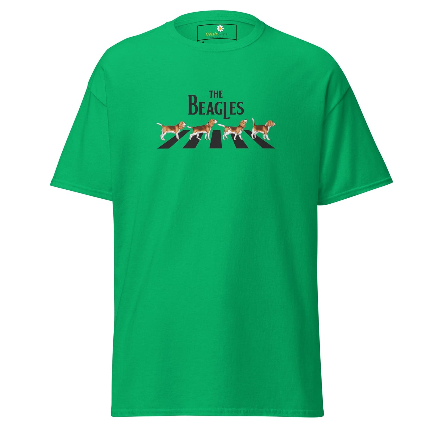 Green t-shirt with ’The Beagles’ graphic.