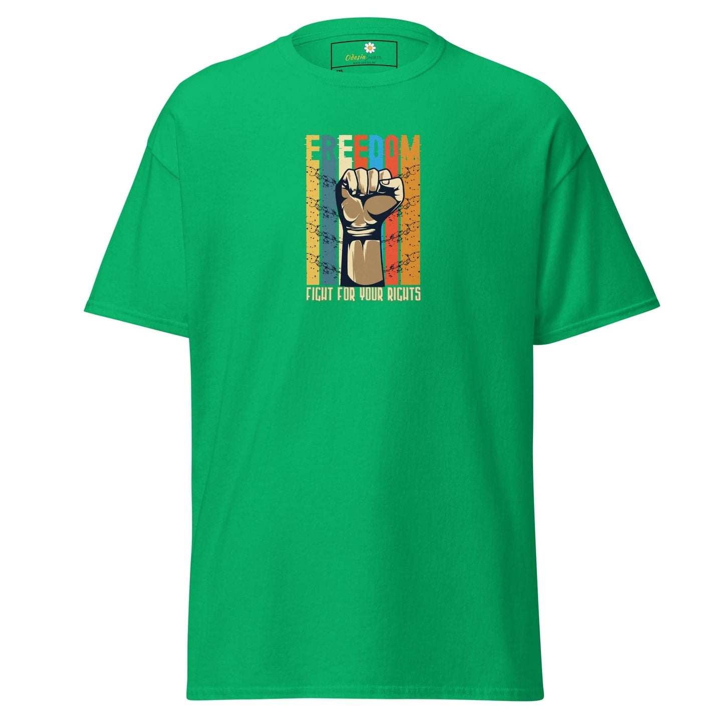 Green T-shirt with freedom fist graphic for men and women in sizes 2XL to 5XL