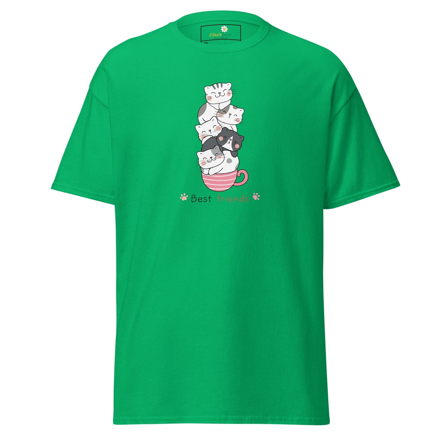 Green T-shirt with cat illustration for men and women in 2XL to 5XL sizes