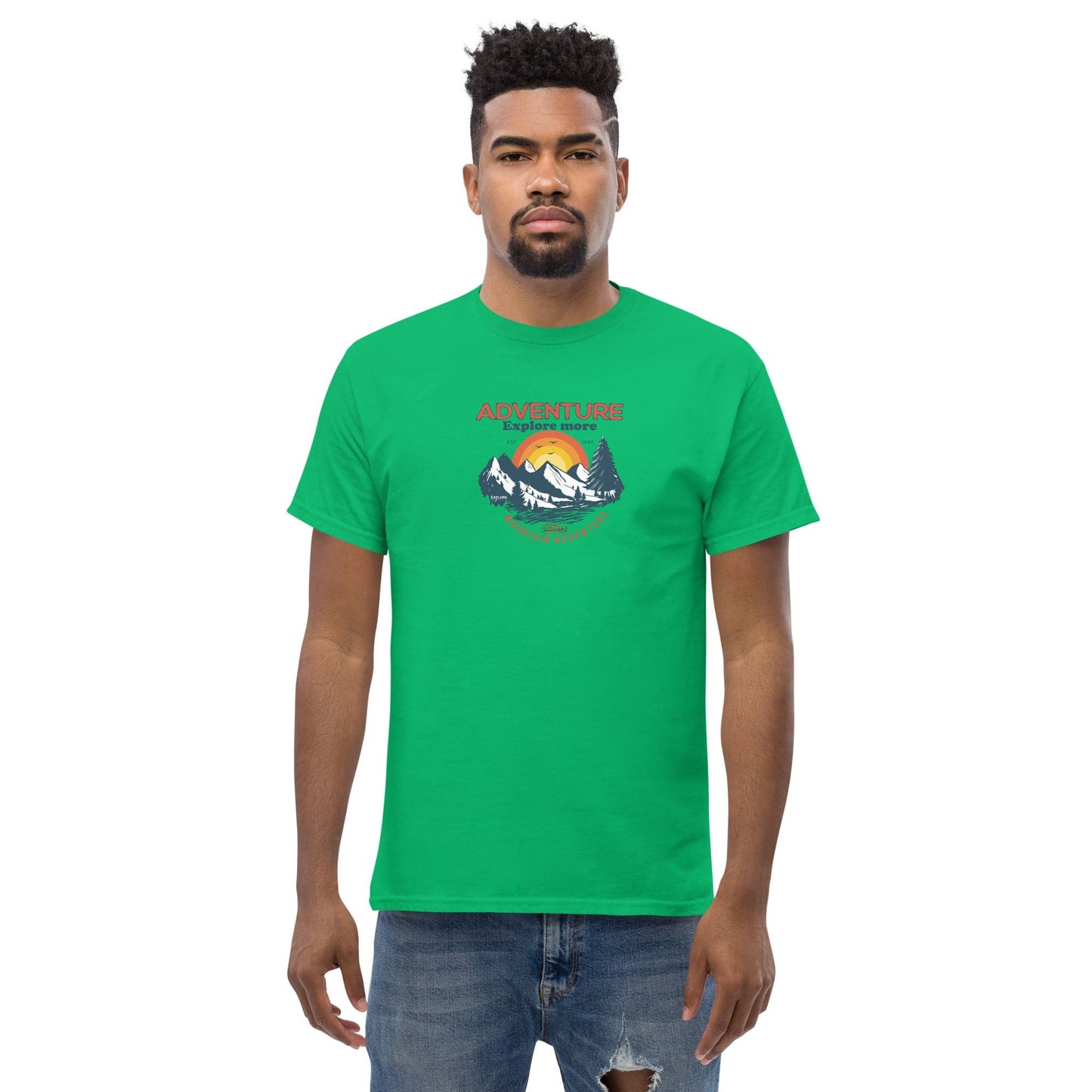 Green t-shirt with mountain graphic.