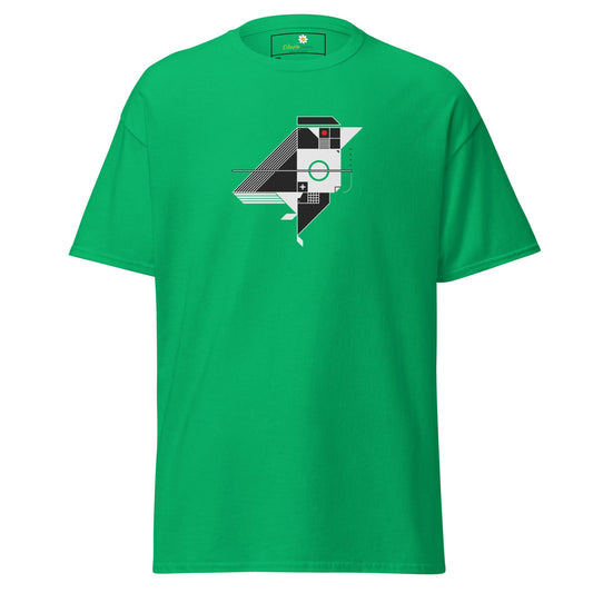 Green t-shirt with geometric bird design.