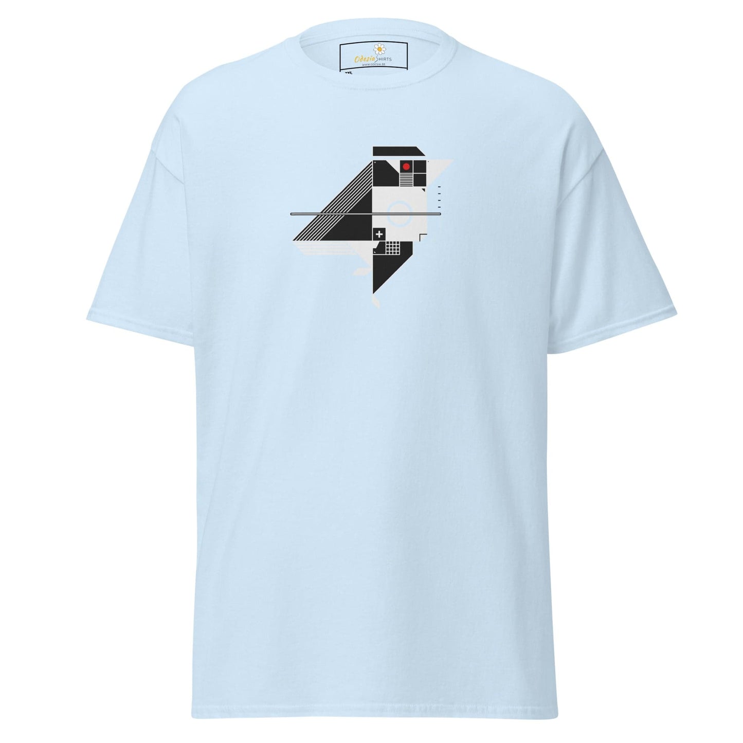Light blue t-shirt with geometric design.