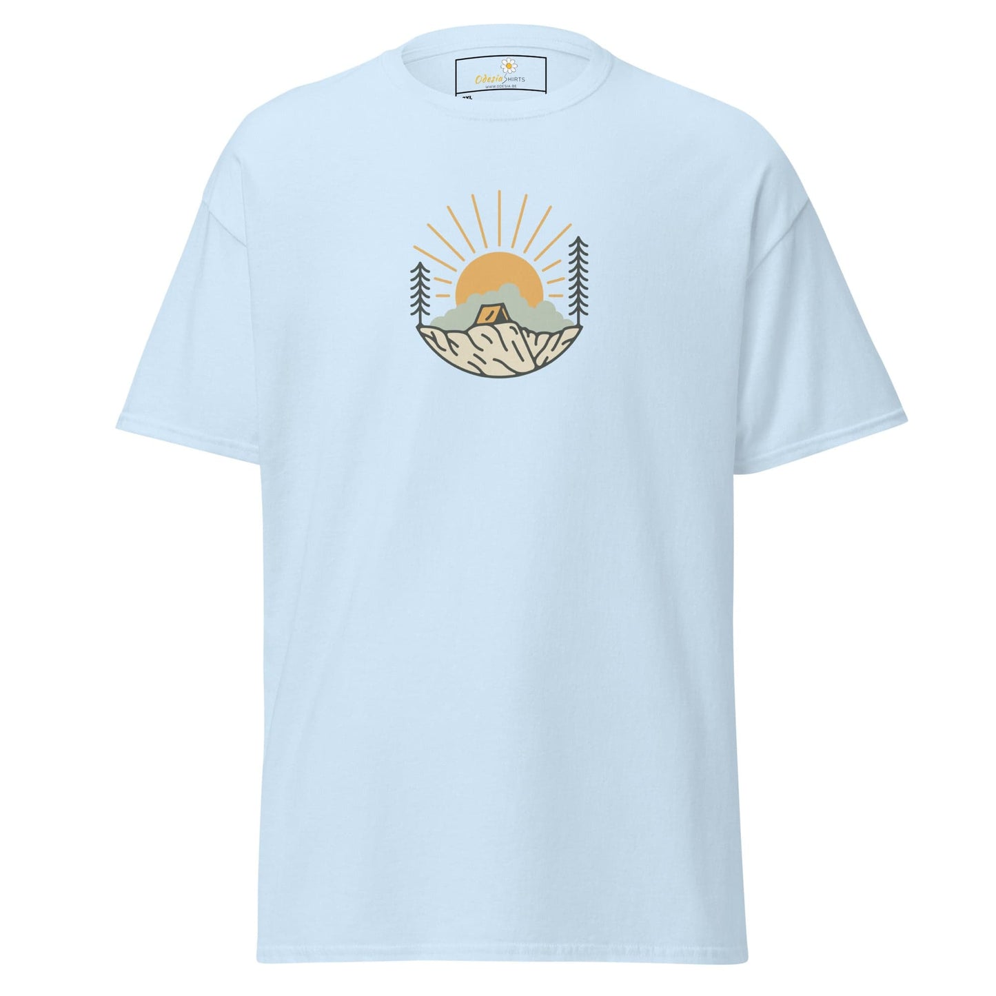 Light blue t-shirt with camping graphic.