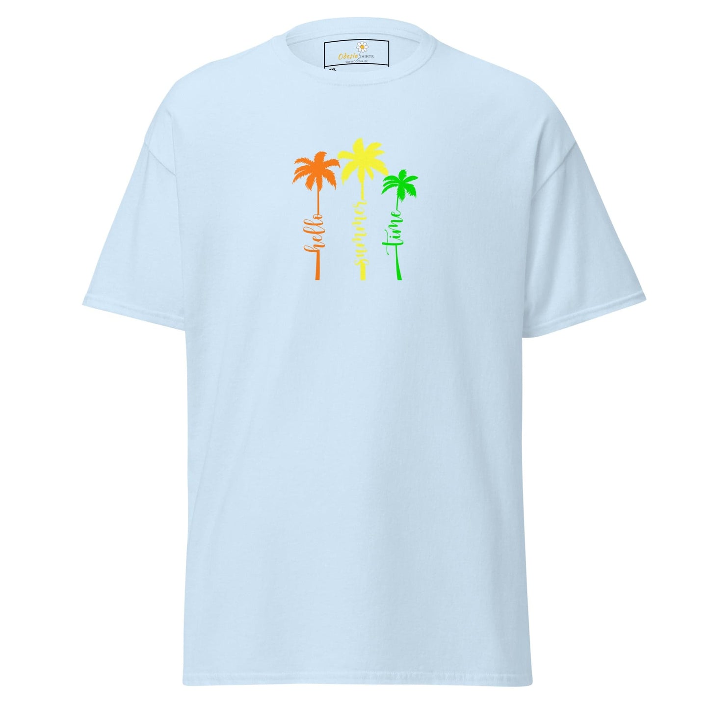 Light blue t-shirt with colorful palm tree design.