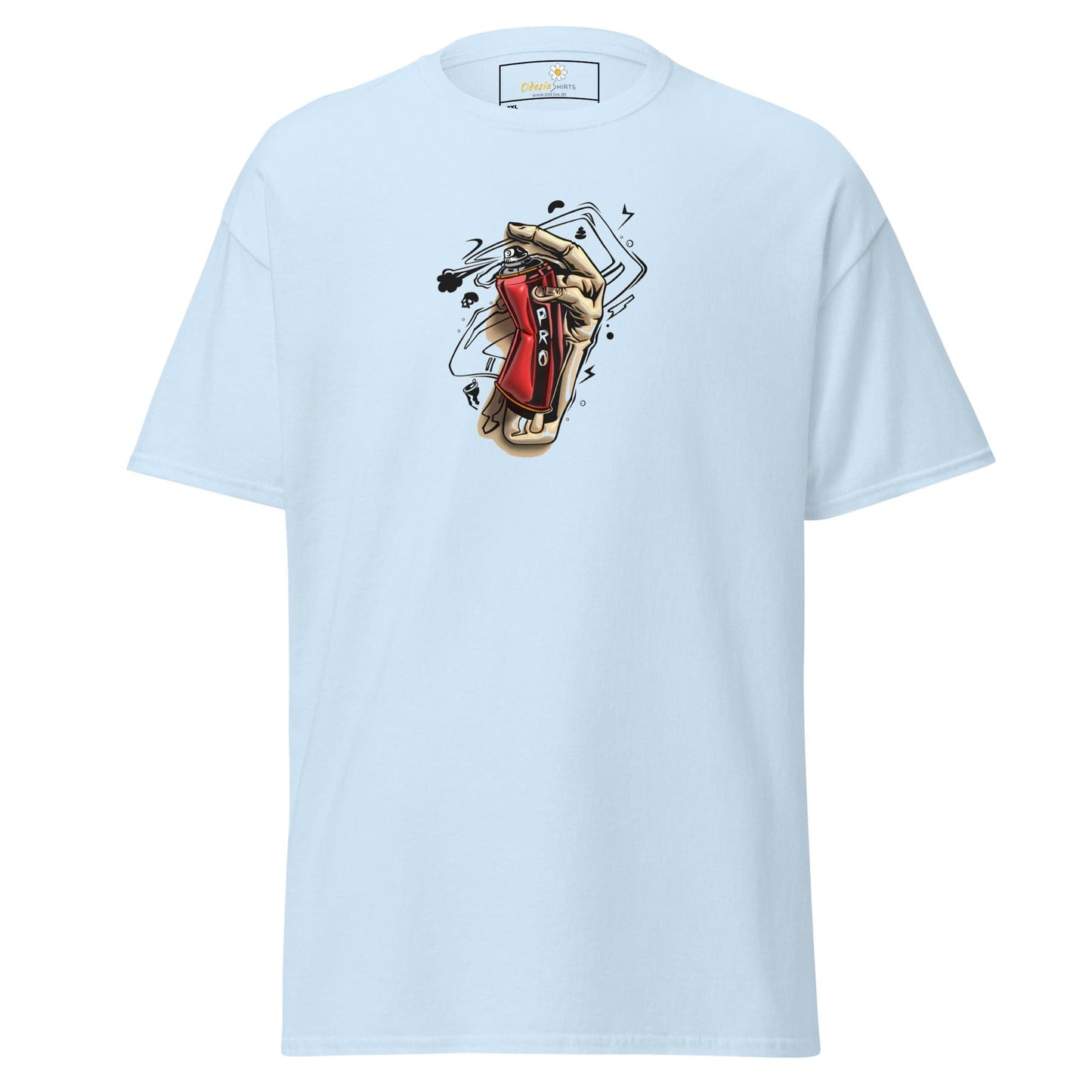 Light blue t-shirt with hand and red object graphic.