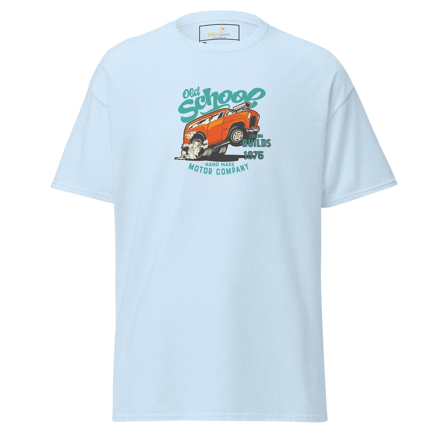 Light blue t-shirt with car graphic.