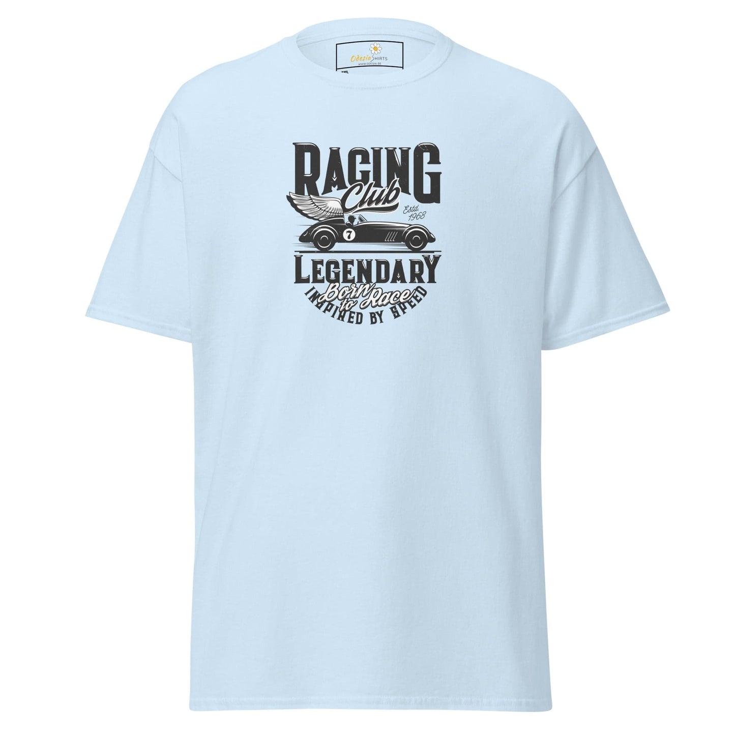 Light blue t-shirt with a car graphic.