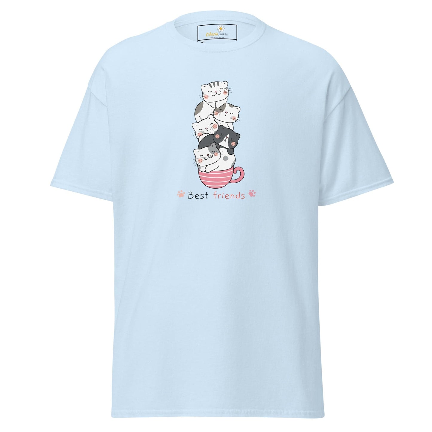 Light blue T-shirt featuring cats in a teacup design for men and women sizes 2XL to 5XL