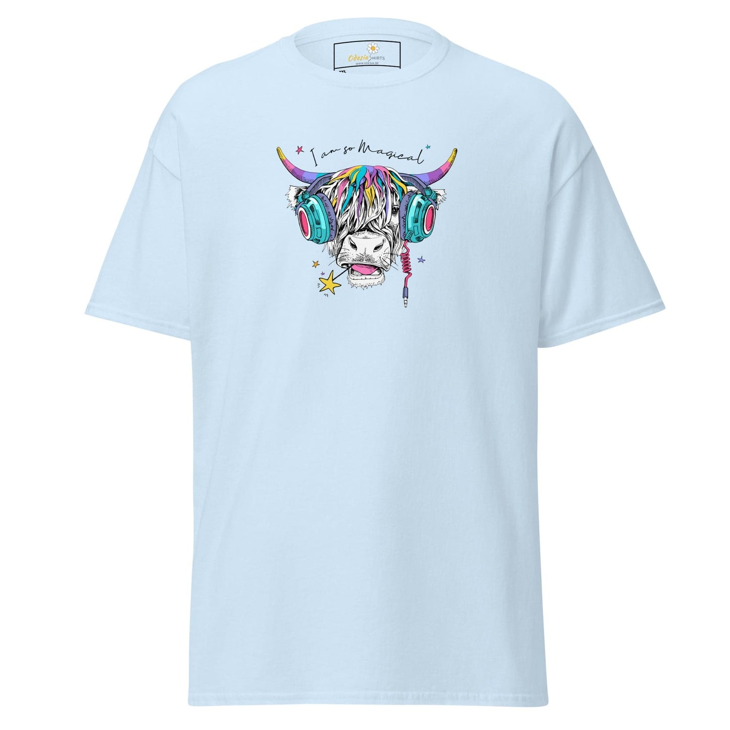 Light blue t-shirt with colorful cow graphic.
