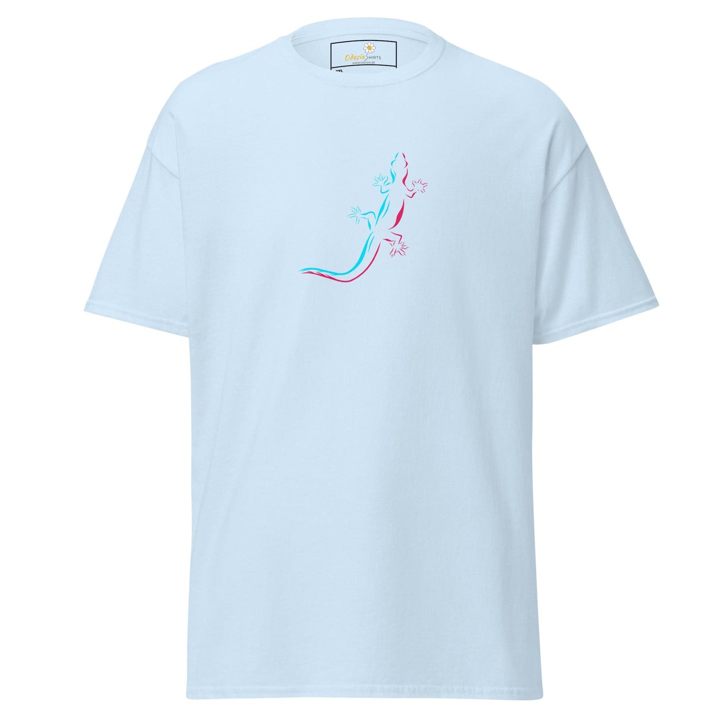 Light blue t-shirt with lizard design.