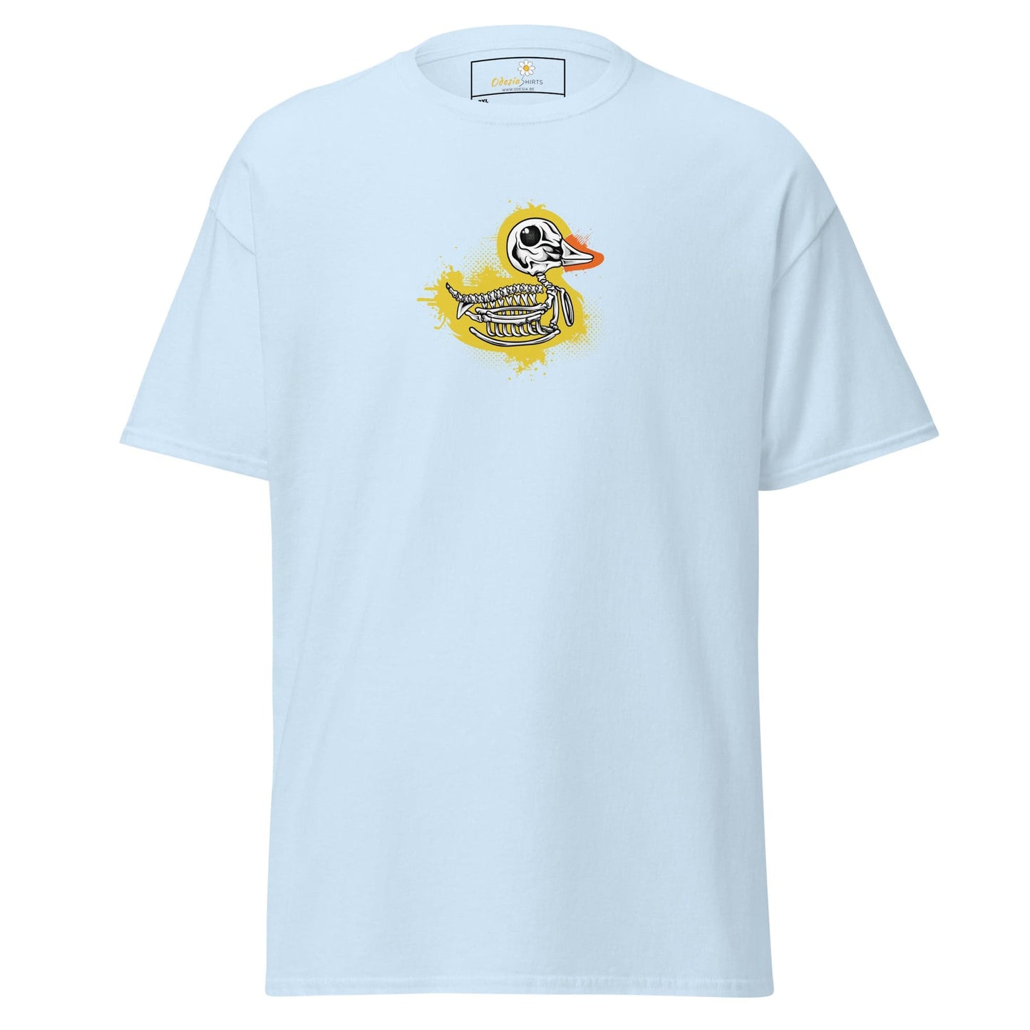 Light blue t-shirt featuring a duck skeleton graphic for men and women sizes 2XL to 5XL