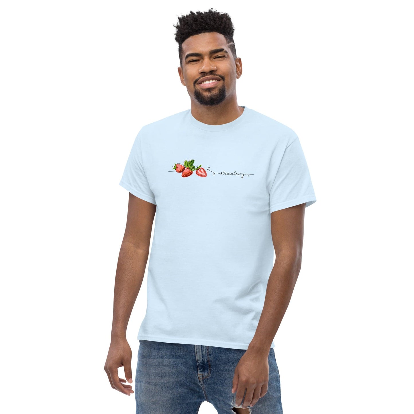 Light blue t-shirt with strawberry design.