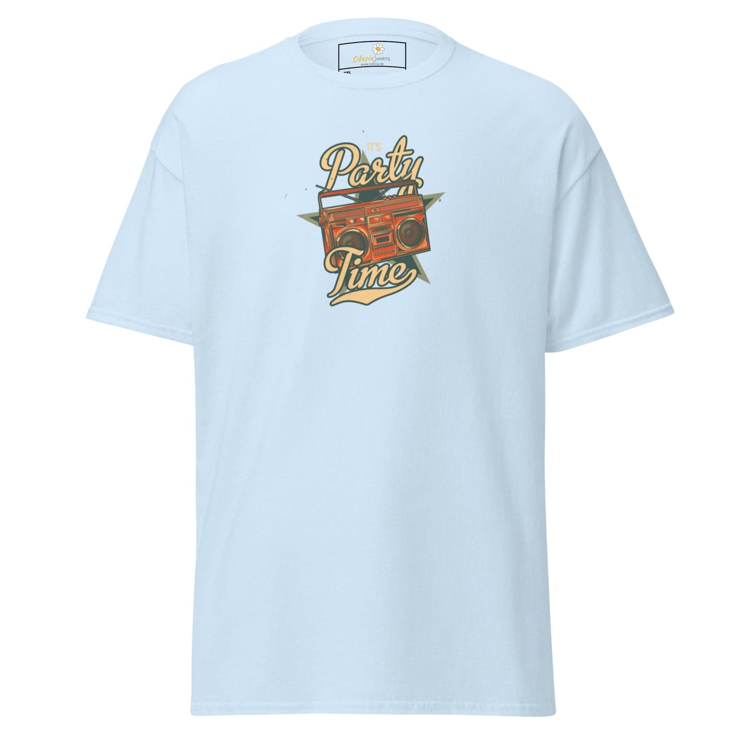 Light blue T-shirt with boombox graphic for men and women in sizes 2XL to 5XL