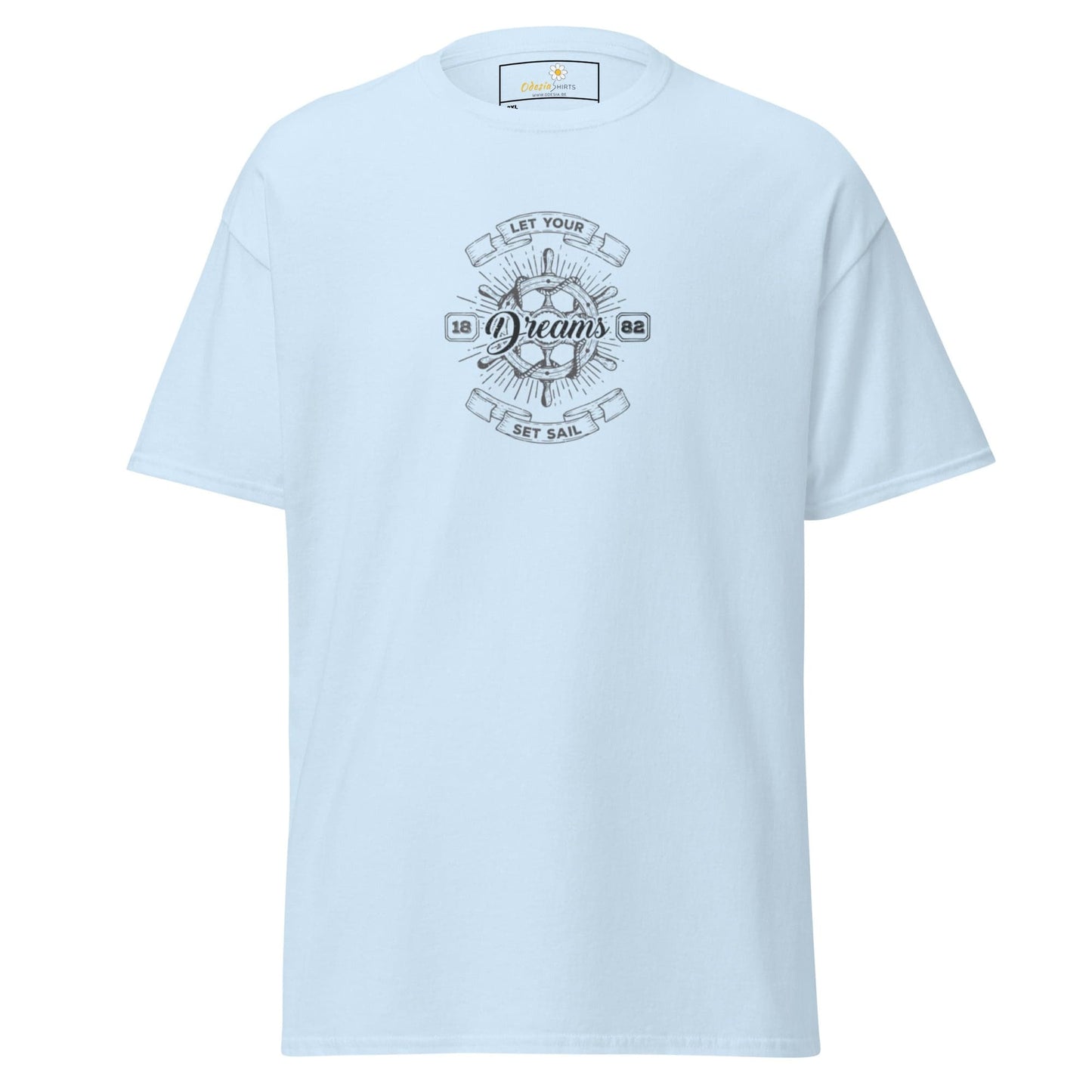 Light blue T-shirt with graphic design for men and women in 2XL to 5XL sizes