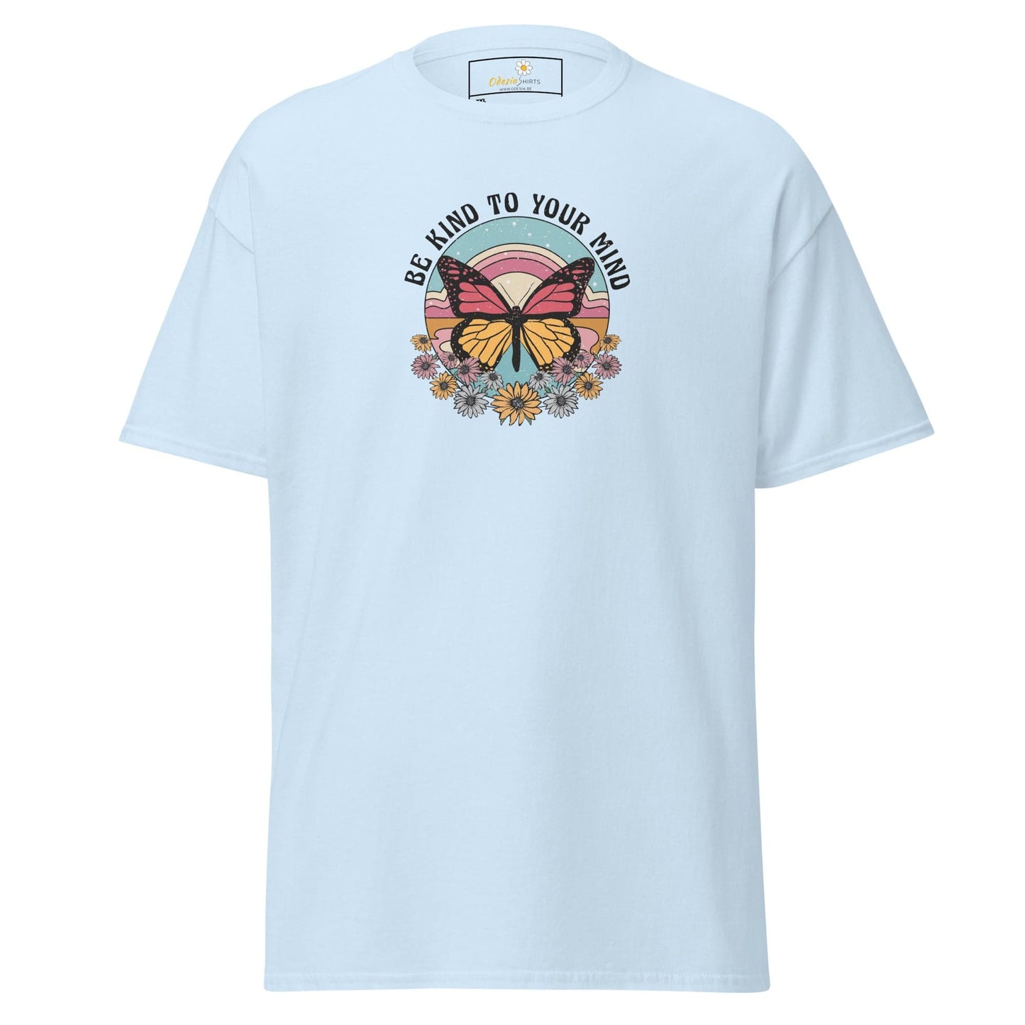 Light blue t-shirt with butterfly graphic.