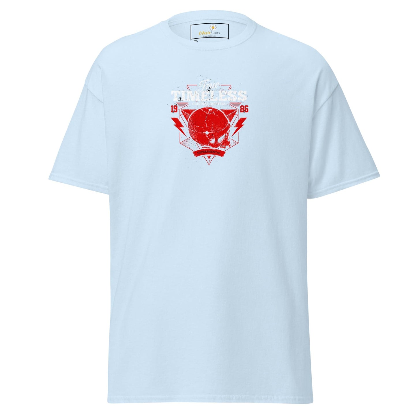 Light blue T-shirt with red graphic design for Men and Women in sizes 2XL to 5XL