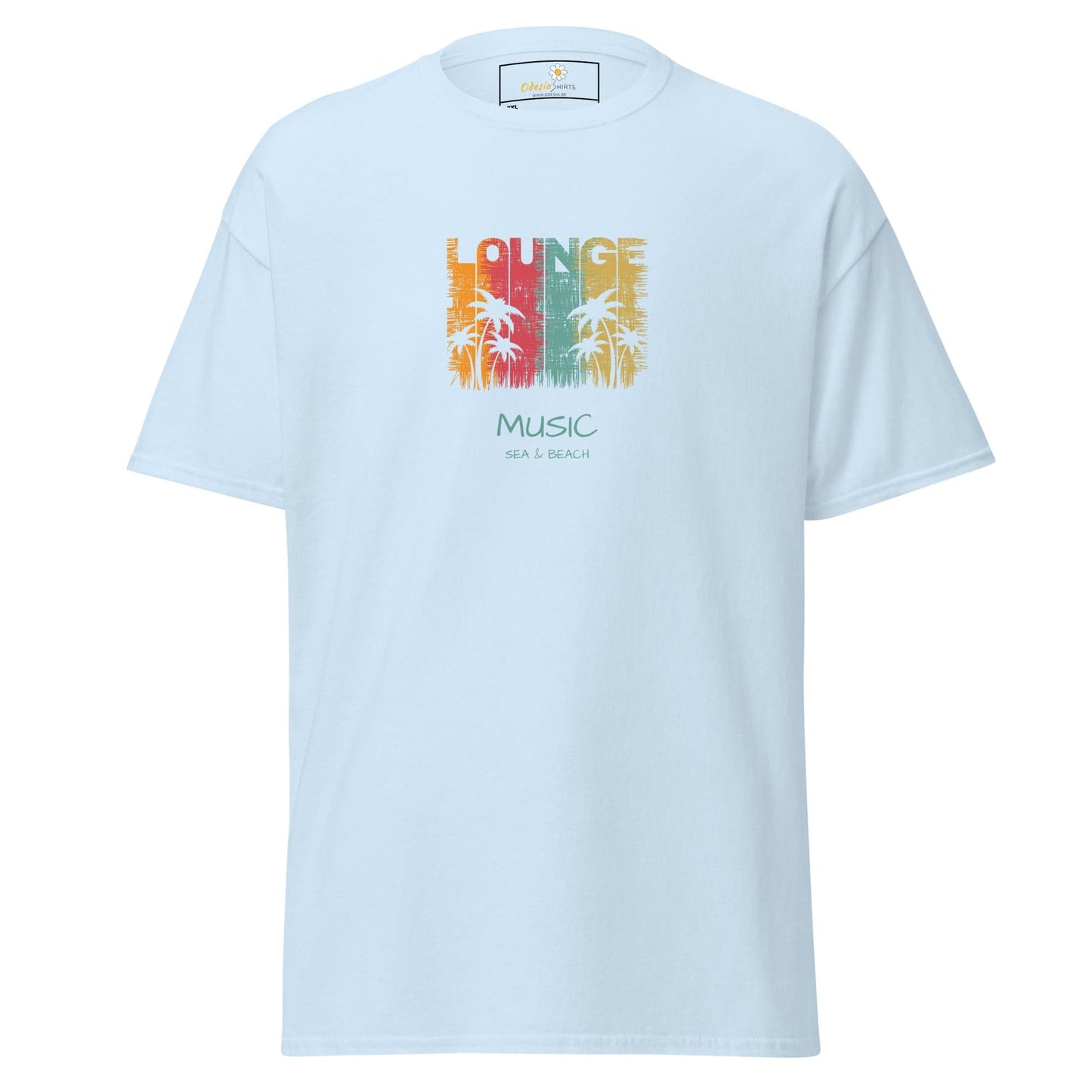Light blue T-shirt featuring a lounge music design for men and women in 2XL to 5XL sizes